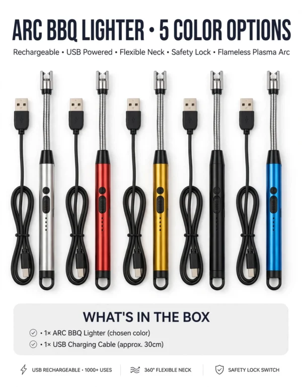 USB rechargeable electric arc lighter available in blue gold black red and silver colours